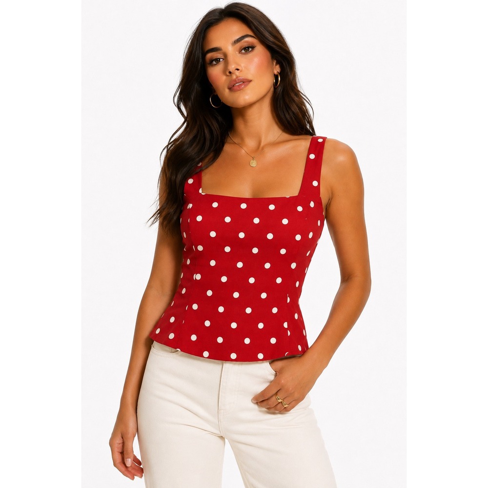 Elodie Polka Dot Top Red White Sleeveless Smocked Back Square Neck Blouse XS